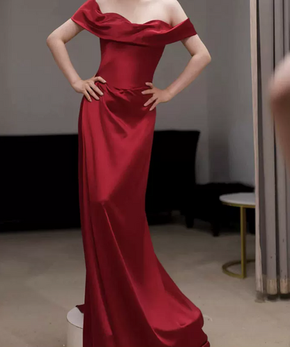 Simple Off-Shoulder Red Prom Dress Satin Sheath Evening Dress C8852