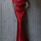 Simple Off-Shoulder Red Prom Dress Satin Sheath Evening Dress C8852
