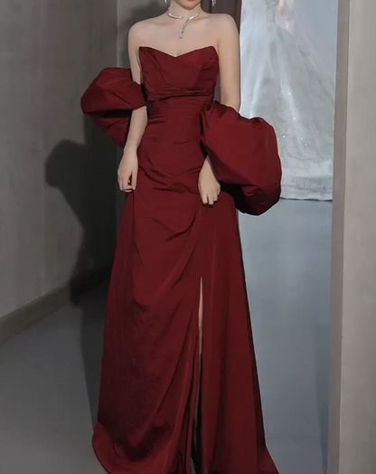 Charming Off-Shoulder Red Prom Dress High Slit A-Line Evening Dress C8853