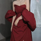 Charming Off-Shoulder Red Prom Dress High Slit A-Line Evening Dress C8853