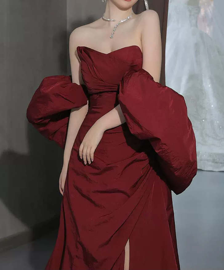 Charming Off-Shoulder Red Prom Dress High Slit A-Line Evening Dress C8853