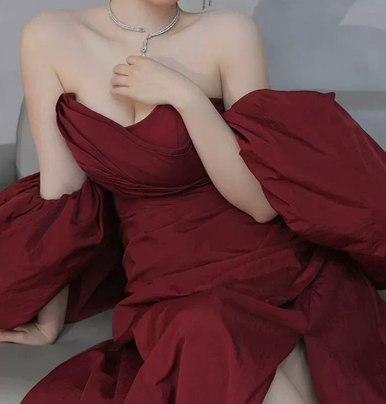 Charming Off-Shoulder Red Prom Dress High Slit A-Line Evening Dress C8853
