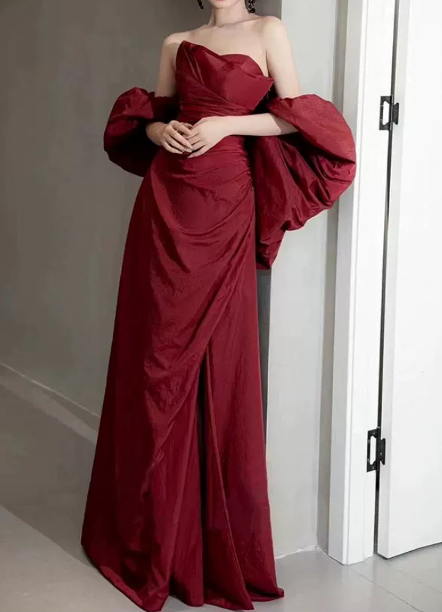 Charming Off-Shoulder Red Prom Dress High Slit A-Line Evening Dress C8853