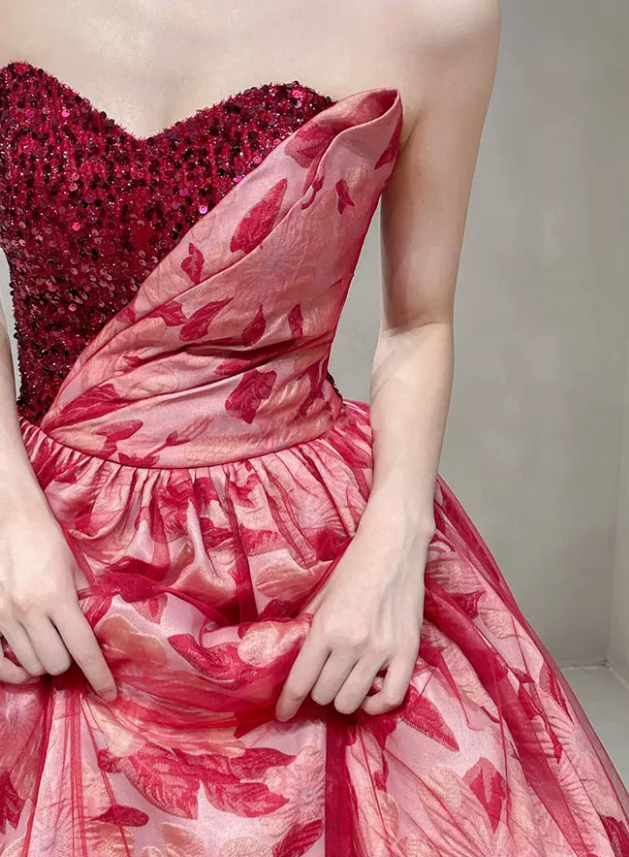 Glam Strapless Red Prom Dress Sequins Floral A-Line Evening Dress C8854