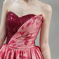 Glam Strapless Red Prom Dress Sequins Floral A-Line Evening Dress C8854