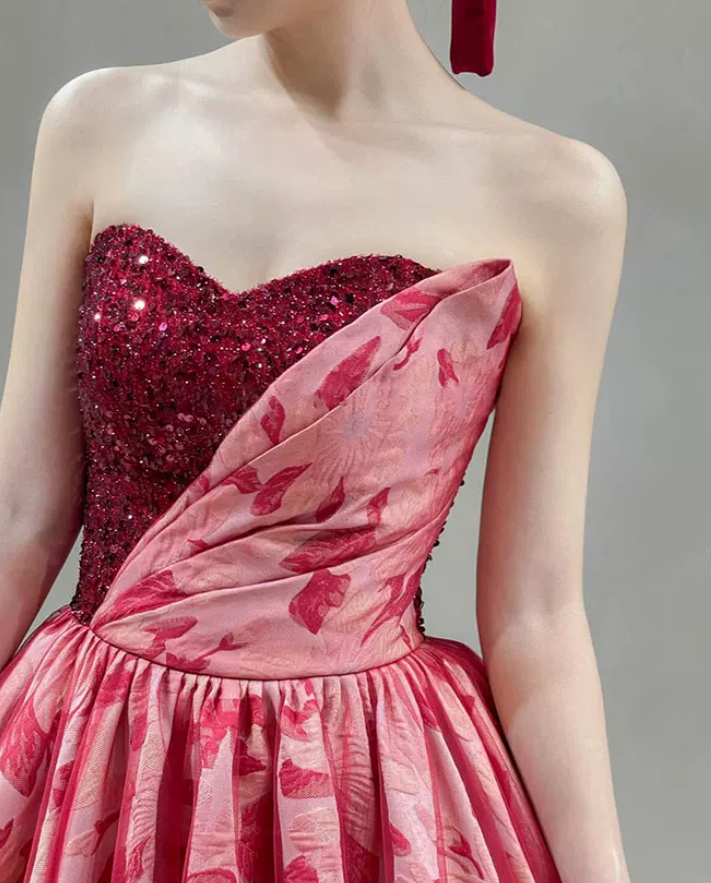 Glam Strapless Red Prom Dress Sequins Floral A-Line Evening Dress C8854