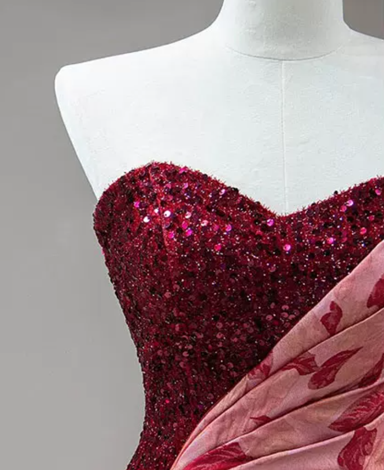 Glam Strapless Red Prom Dress Sequins Floral A-Line Evening Dress C8854