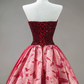 Glam Strapless Red Prom Dress Sequins Floral A-Line Evening Dress C8854