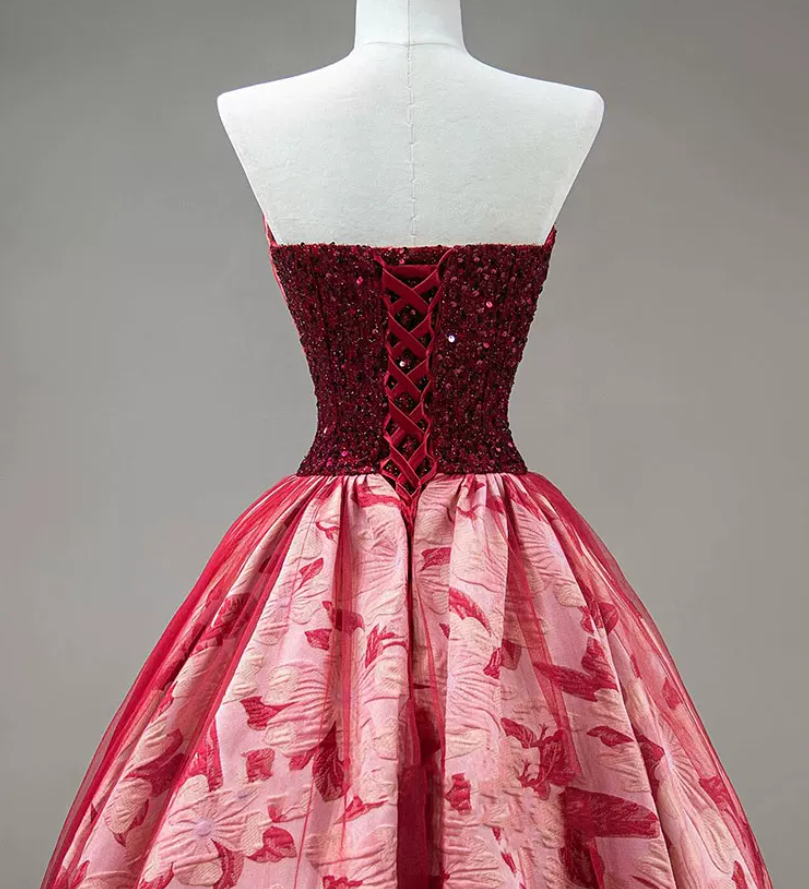 Glam Strapless Red Prom Dress Sequins Floral A-Line Evening Dress C8854