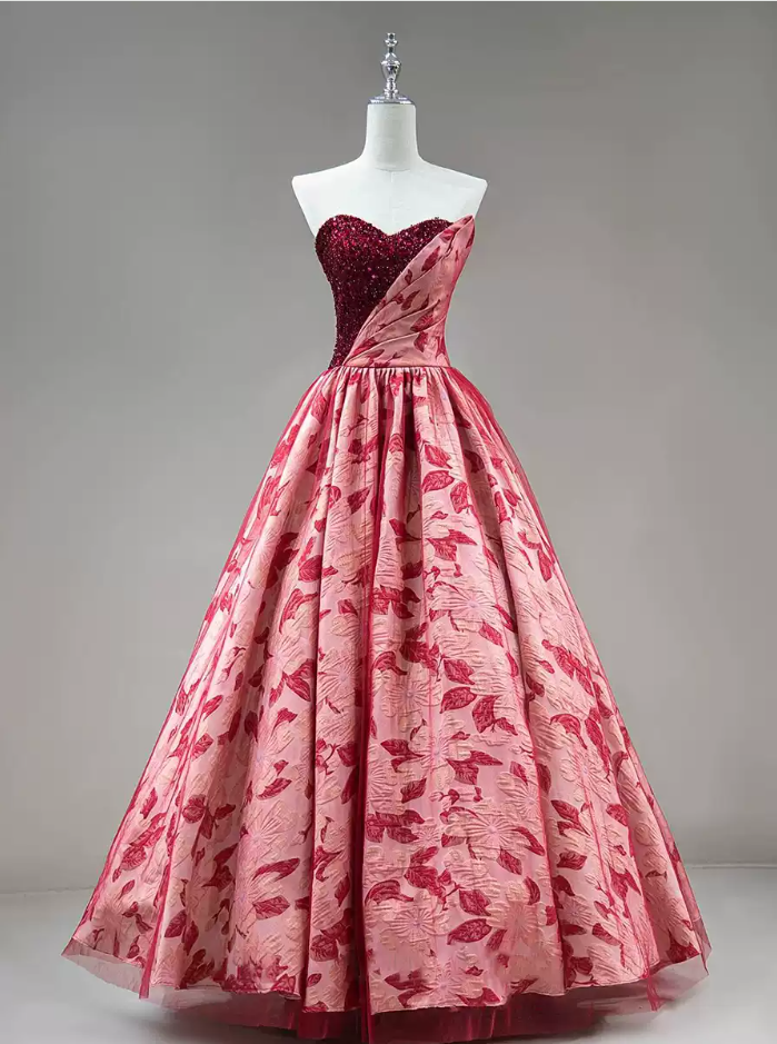 Glam Strapless Red Prom Dress Sequins Floral A-Line Evening Dress C8854