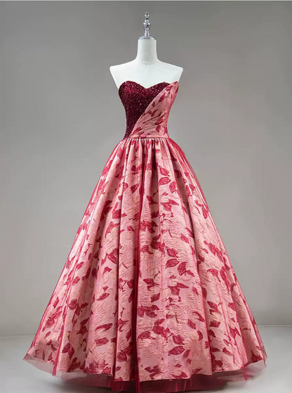 Glam Strapless Red Prom Dress Sequins Floral A-Line Evening Dress C8854