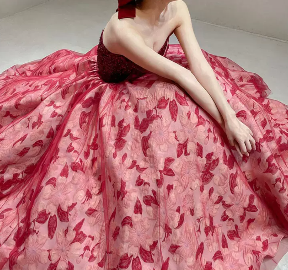 Glam Strapless Red Prom Dress Sequins Floral A-Line Evening Dress C8854