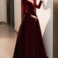 Trendy V Neck Red Prom Dress Long Sleeve Velvet A-Line Evening Dress C8855