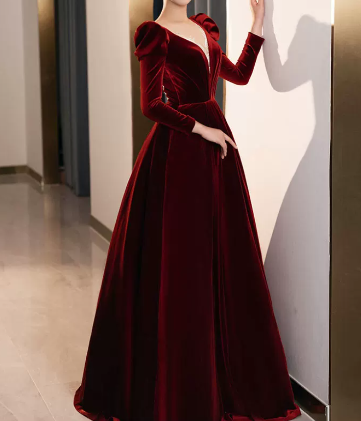 Trendy V Neck Red Prom Dress Long Sleeve Velvet A-Line Evening Dress C8855