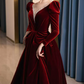 Trendy V Neck Red Prom Dress Long Sleeve Velvet A-Line Evening Dress C8855