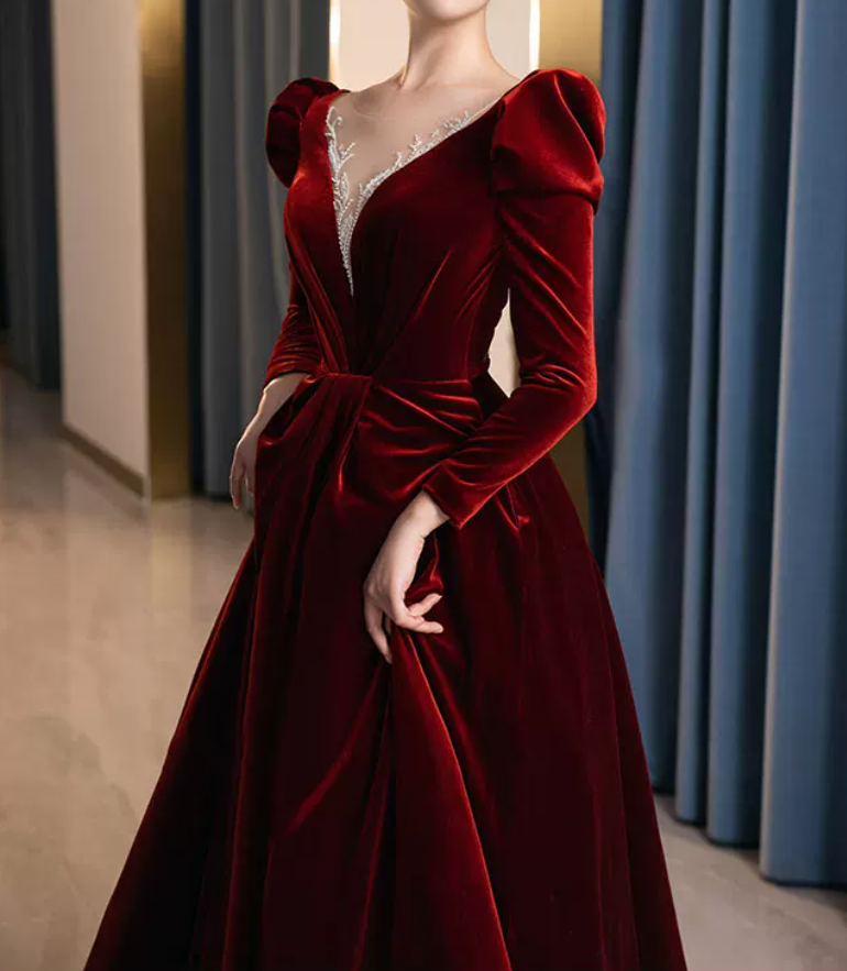 Trendy V Neck Red Prom Dress Long Sleeve Velvet A-Line Evening Dress C8855