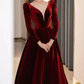 Trendy V Neck Red Prom Dress Long Sleeve Velvet A-Line Evening Dress C8855