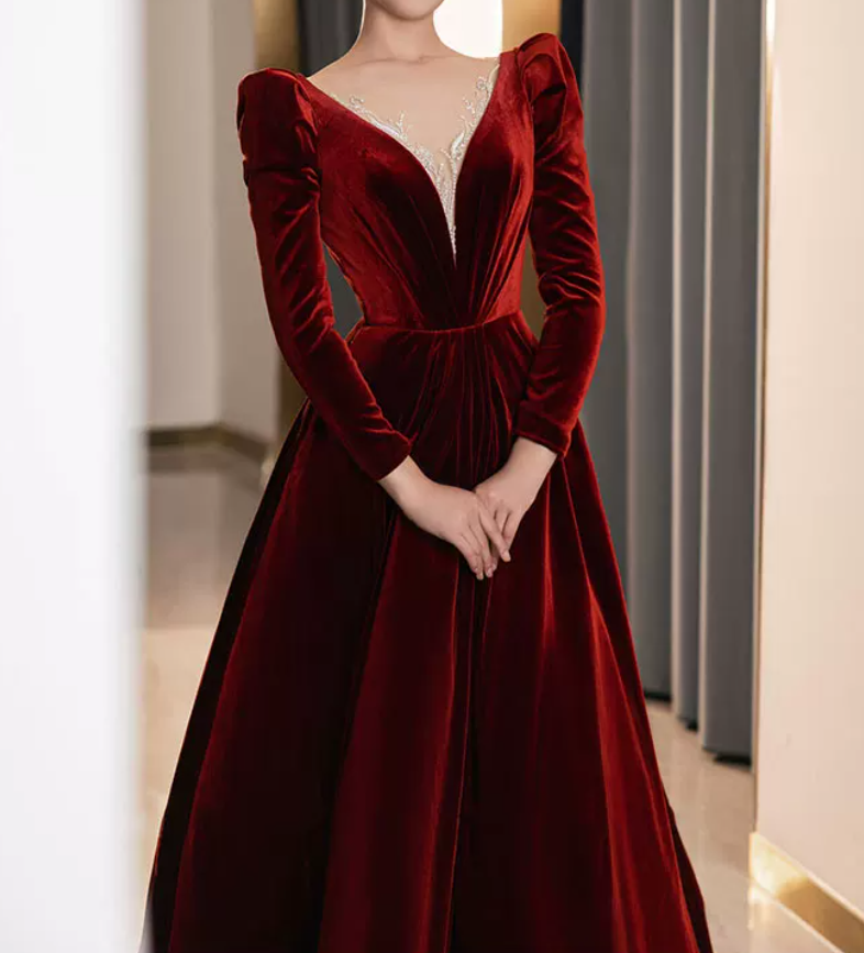 Trendy V Neck Red Prom Dress Long Sleeve Velvet A-Line Evening Dress C8855