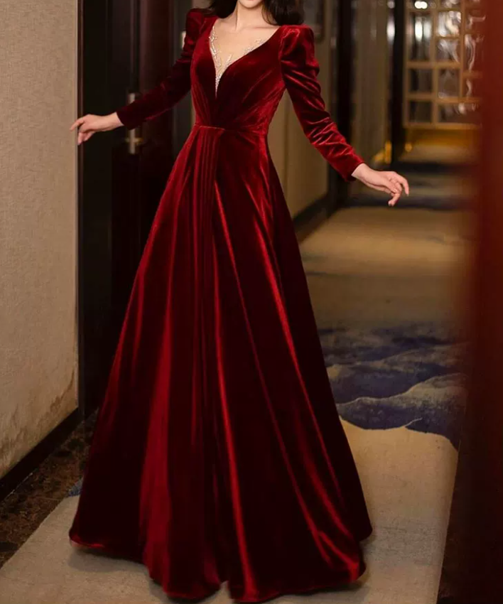 Trendy V Neck Red Prom Dress Long Sleeve Velvet A-Line Evening Dress C8855