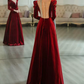 Trendy V Neck Red Prom Dress Long Sleeve Velvet A-Line Evening Dress C8855