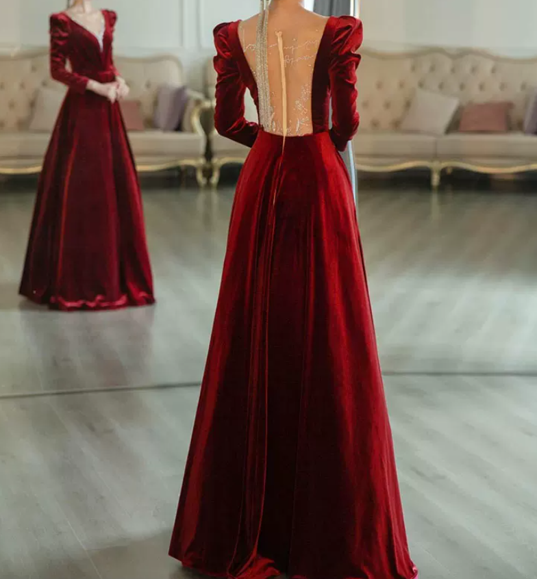 Trendy V Neck Red Prom Dress Long Sleeve Velvet A-Line Evening Dress C8855