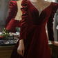 Trendy V Neck Red Prom Dress Long Sleeve Velvet A-Line Evening Dress C8855