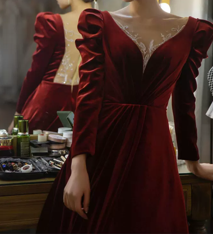 Trendy V Neck Red Prom Dress Long Sleeve Velvet A-Line Evening Dress C8855