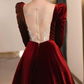 Trendy V Neck Red Prom Dress Long Sleeve Velvet A-Line Evening Dress C8855