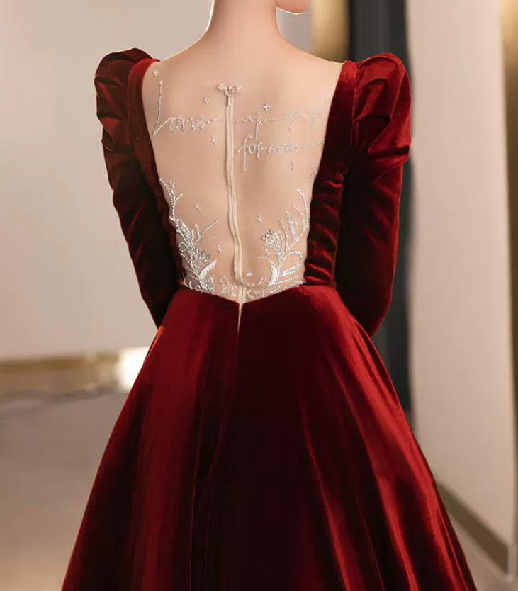 Trendy V Neck Red Prom Dress Long Sleeve Velvet A-Line Evening Dress C8855