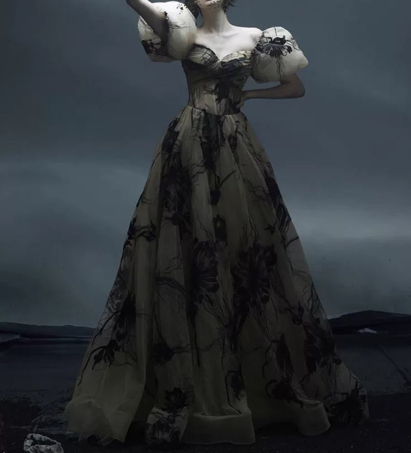 Robe de bal de princesse bustier à volants en satin long, robe de soirée C8117