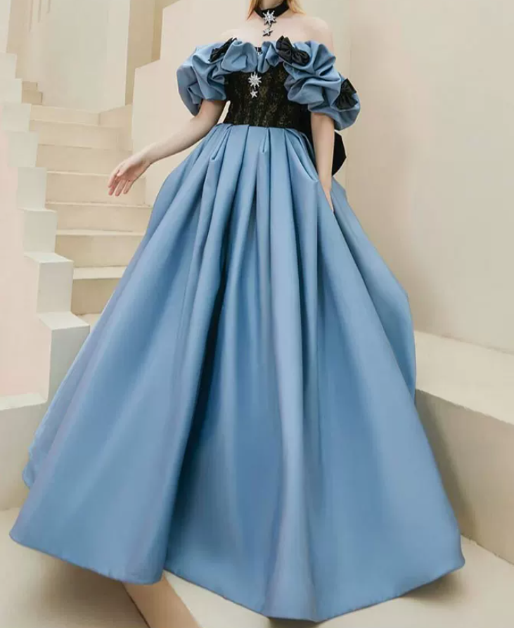 Robe de bal de princesse bustier à volants en satin long, robe de soirée C8117