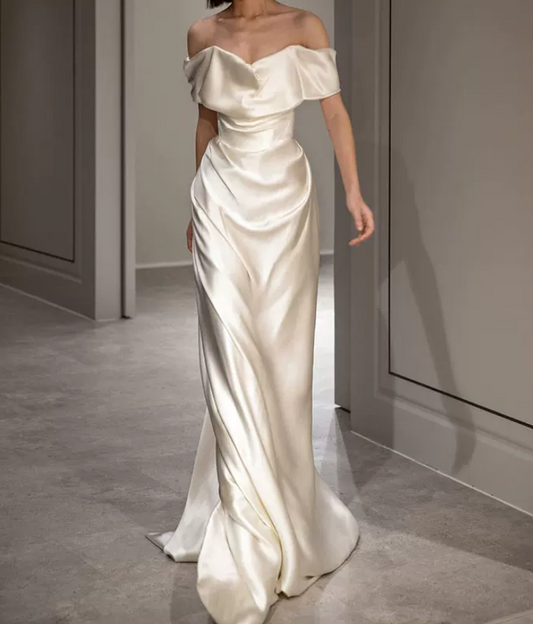 Classy Strapless Satin Wedding Dresses White Mermaid Bridal Dress C8866