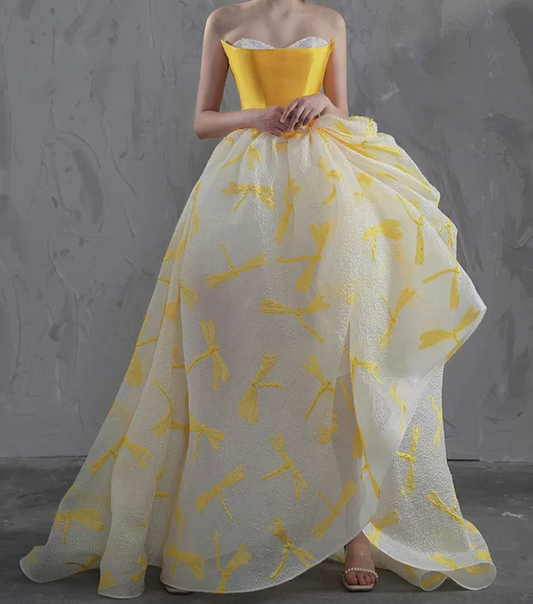Vintage Strapless Yellow Prom Dress Beaded A-Line Evening Dress C8868