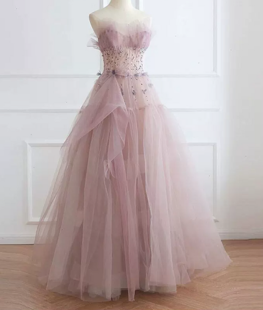Ethereal Strapless Pink Prom Dress Beaded Tulle A-Line Evening Dress C8869