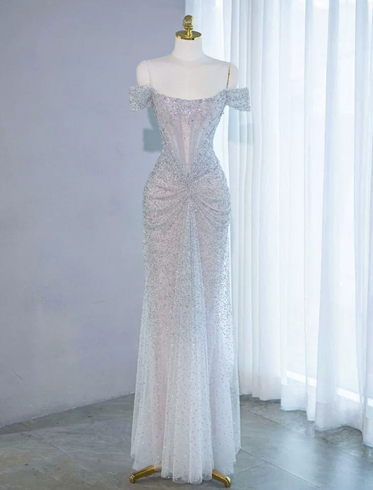 Sparkling Off-Shoulder Blue Prom Dress Sequins Mermaid Evening Dress C8883
