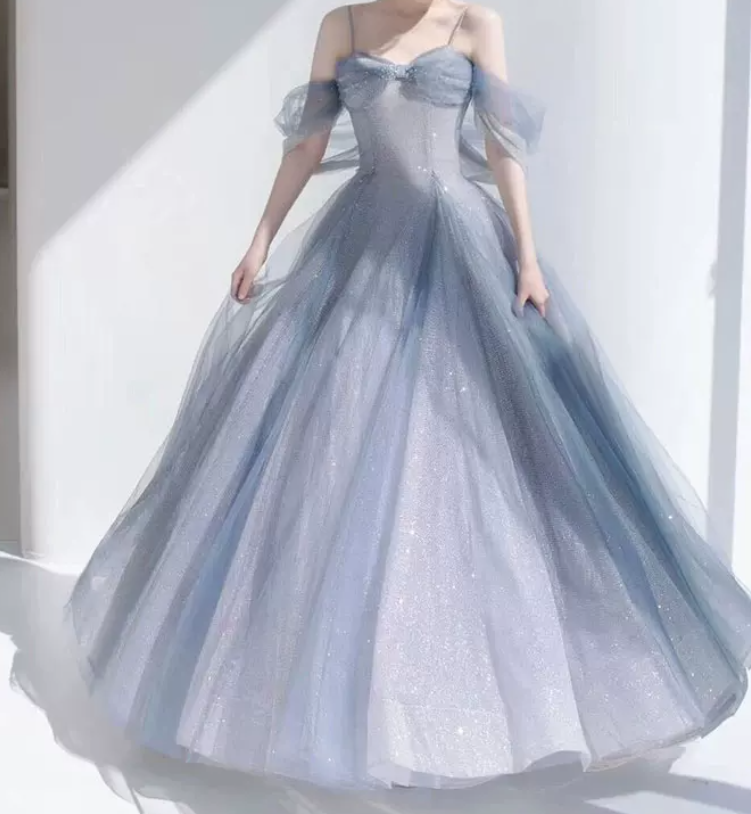 Romantic Spaghetti Straps Blue Prom Dress Sequins Tulle A-Line Evening Dress C8888
