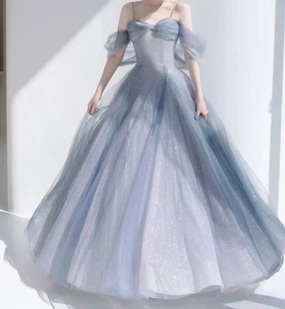 Romantic Spaghetti Straps Blue Prom Dress Sequins Tulle A-Line Evening Dress C8888