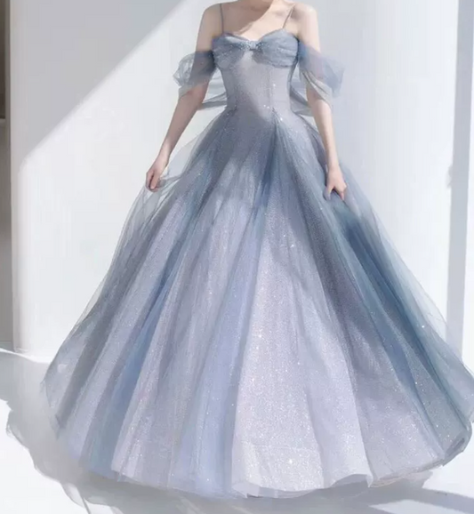 Romantic Spaghetti Straps Blue Prom Dress Sequins Tulle A-Line Evening Dress C8888