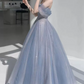 Romantic Spaghetti Straps Blue Prom Dress Sequins Tulle A-Line Evening Dress C8888