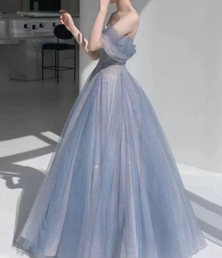 Romantic Spaghetti Straps Blue Prom Dress Sequins Tulle A-Line Evening Dress C8888