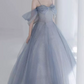 Romantic Spaghetti Straps Blue Prom Dress Sequins Tulle A-Line Evening Dress C8888