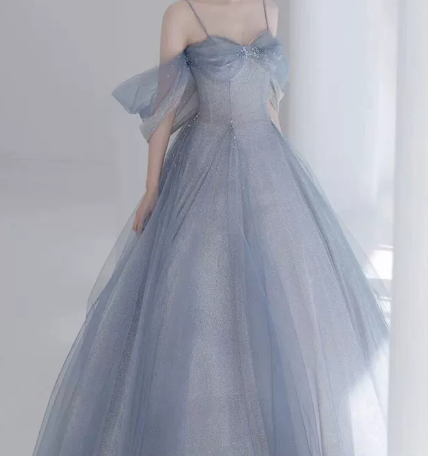 Romantic Spaghetti Straps Blue Prom Dress Sequins Tulle A-Line Evening Dress C8888