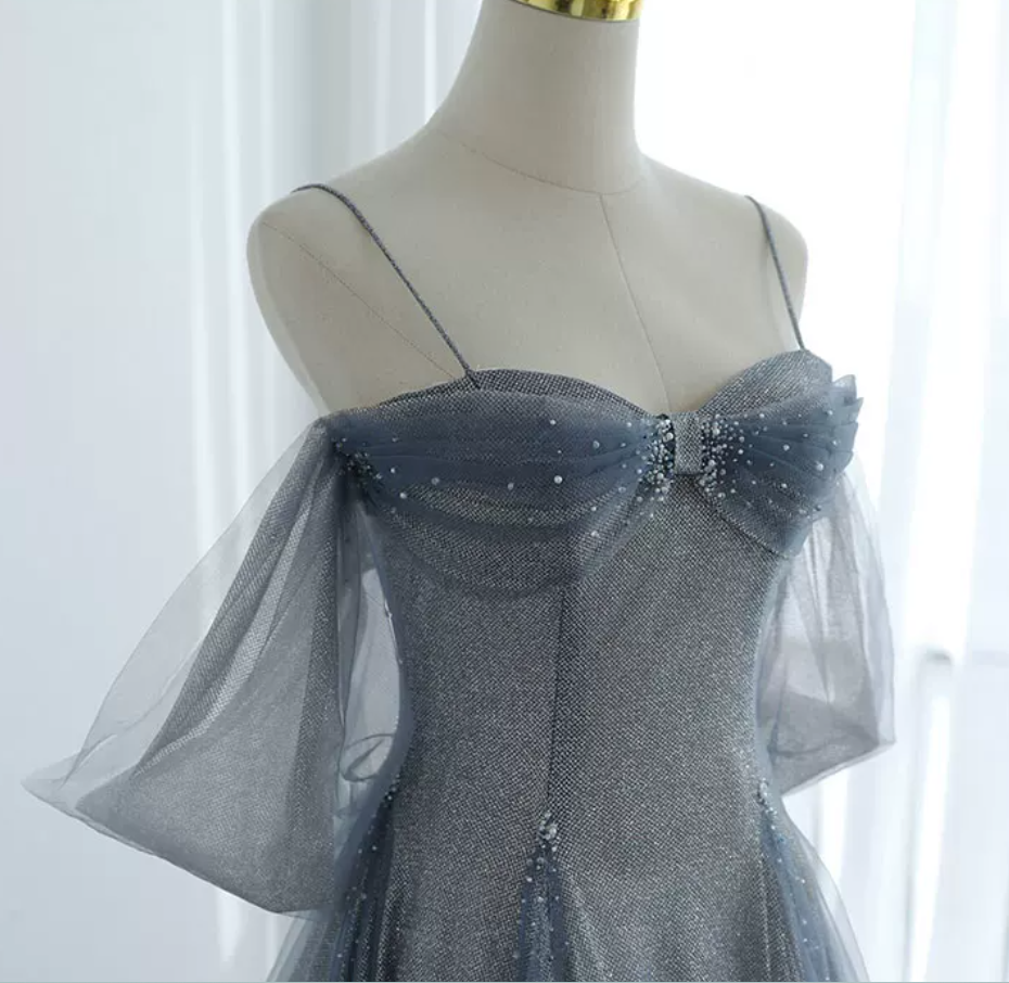 Romantic Spaghetti Straps Blue Prom Dress Sequins Tulle A-Line Evening Dress C8888