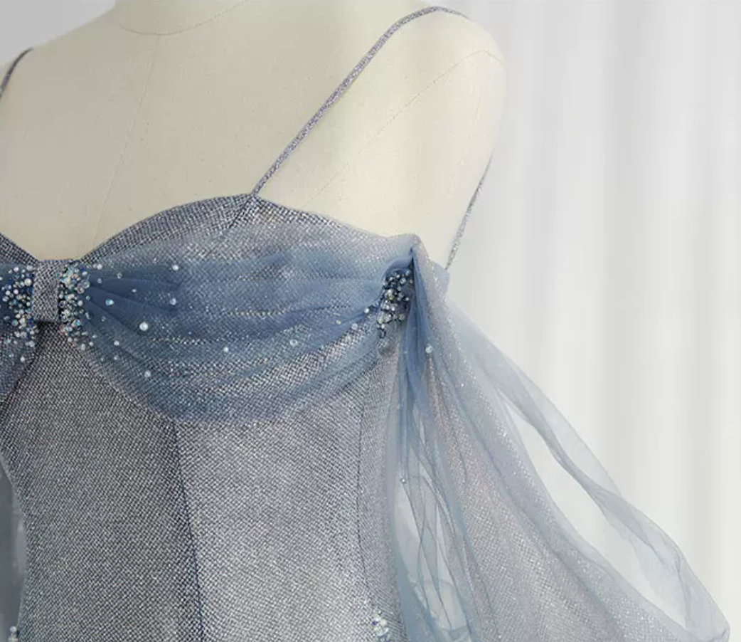 Romantic Spaghetti Straps Blue Prom Dress Sequins Tulle A-Line Evening Dress C8888