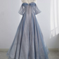 Romantic Spaghetti Straps Blue Prom Dress Sequins Tulle A-Line Evening Dress C8888