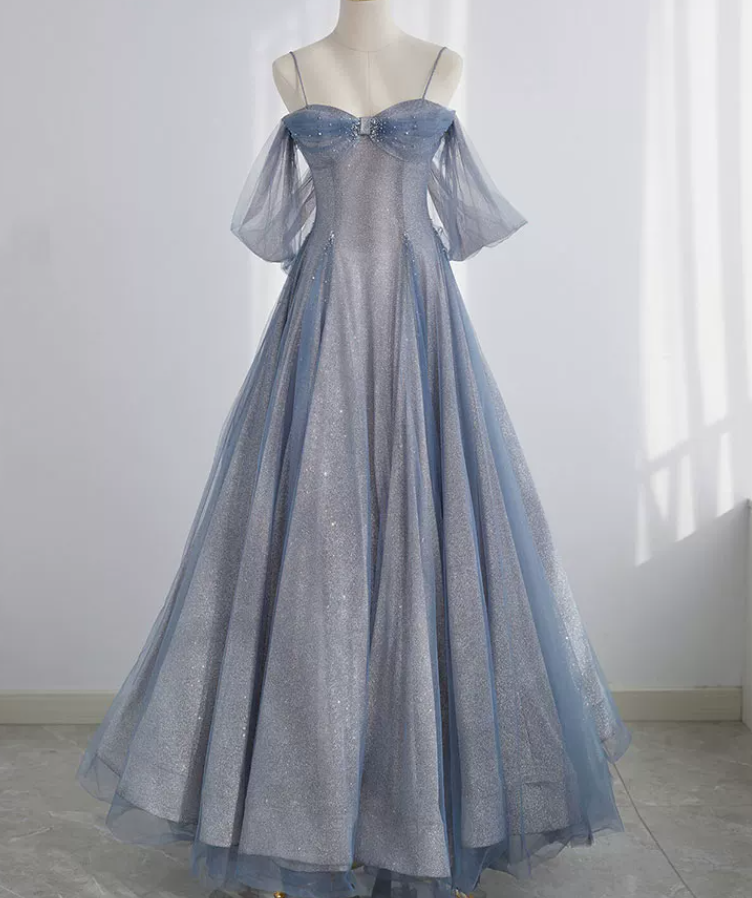Romantic Spaghetti Straps Blue Prom Dress Sequins Tulle A-Line Evening Dress C8888
