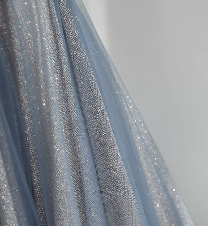Romantic Spaghetti Straps Blue Prom Dress Sequins Tulle A-Line Evening Dress C8888