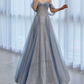 Romantic Spaghetti Straps Blue Prom Dress Sequins Tulle A-Line Evening Dress C8888