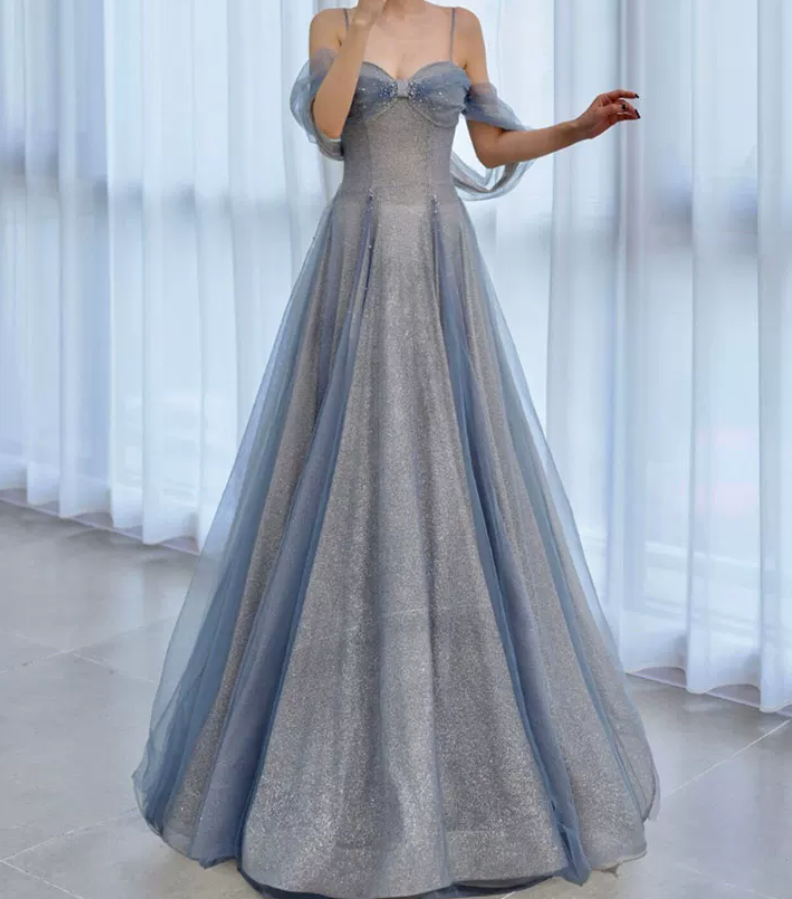 Romantic Spaghetti Straps Blue Prom Dress Sequins Tulle A-Line Evening Dress C8888