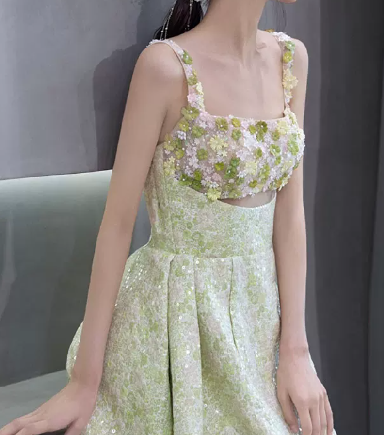Dreamy Spaghetti Straps Green Prom Dress Sequins Appliques A-Line Evening Dress C8889